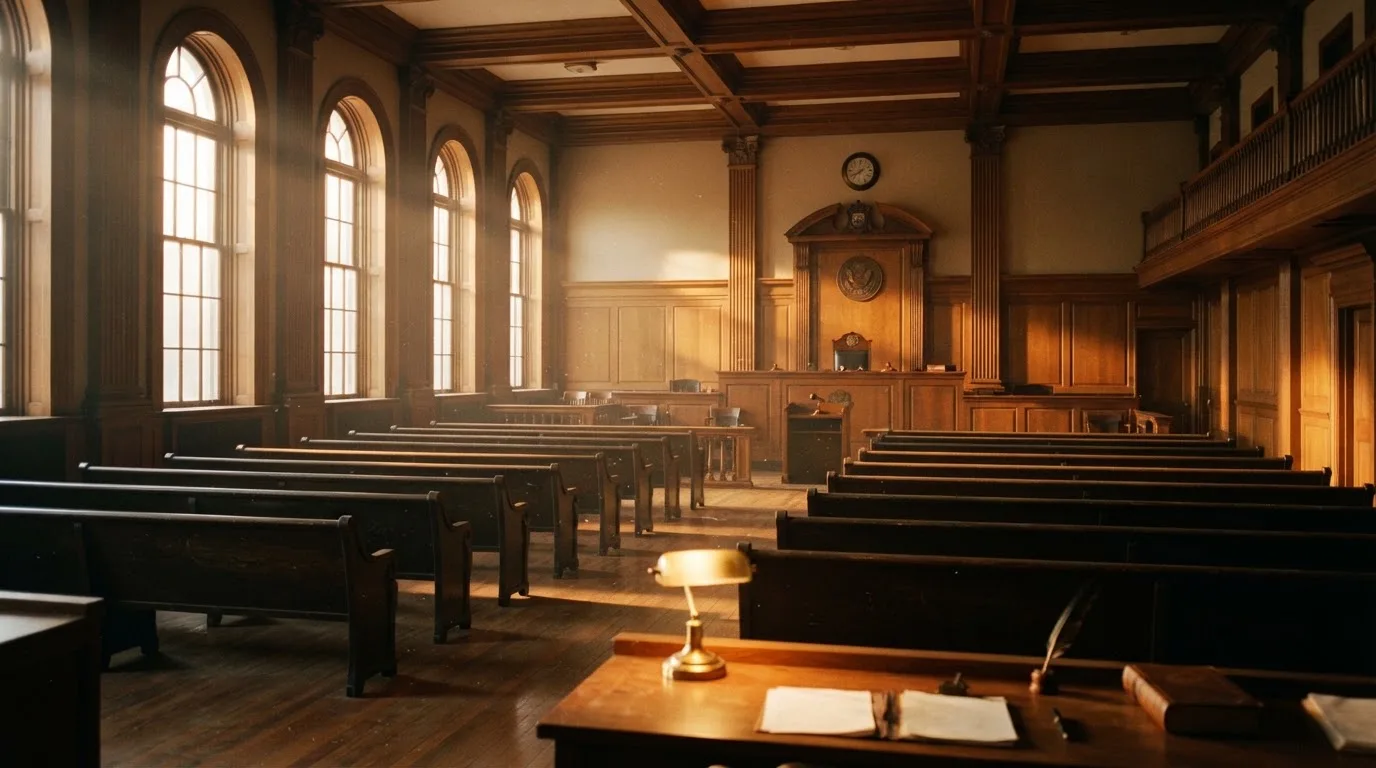 An empty courtroom with wooden benches in morning light