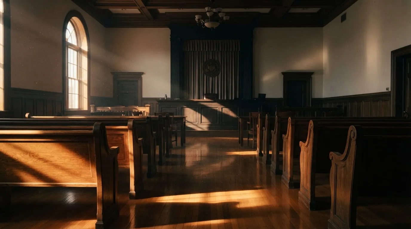 An empty courtroom with wooden benches in morning light