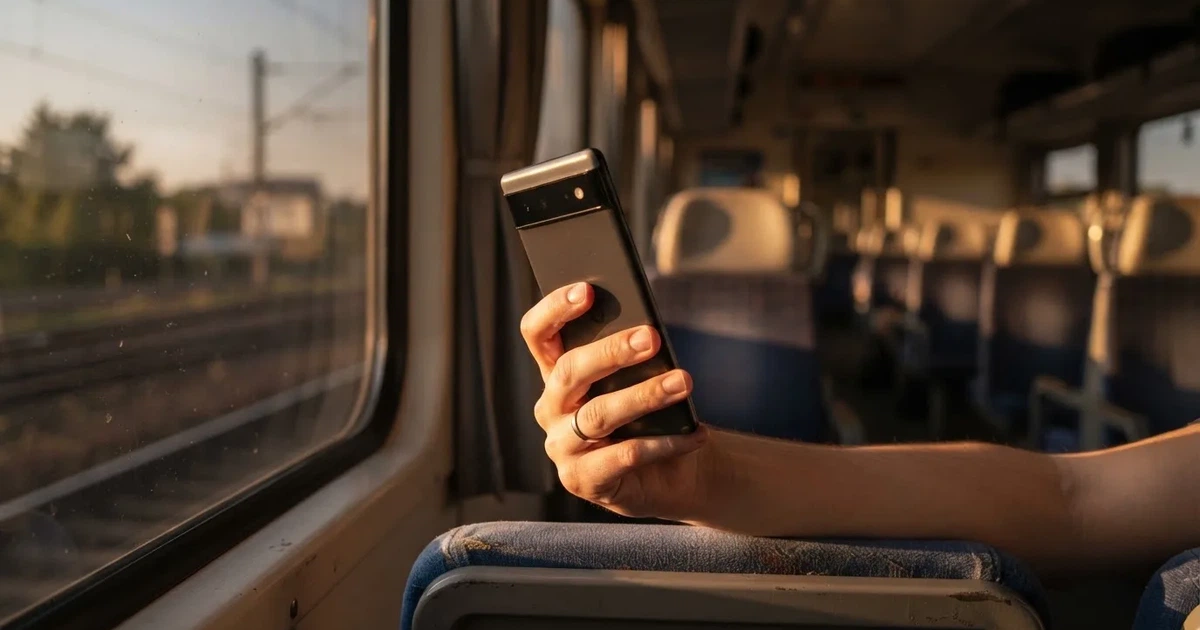 A hand holding a smartphone on a train in the evening, screen turned away