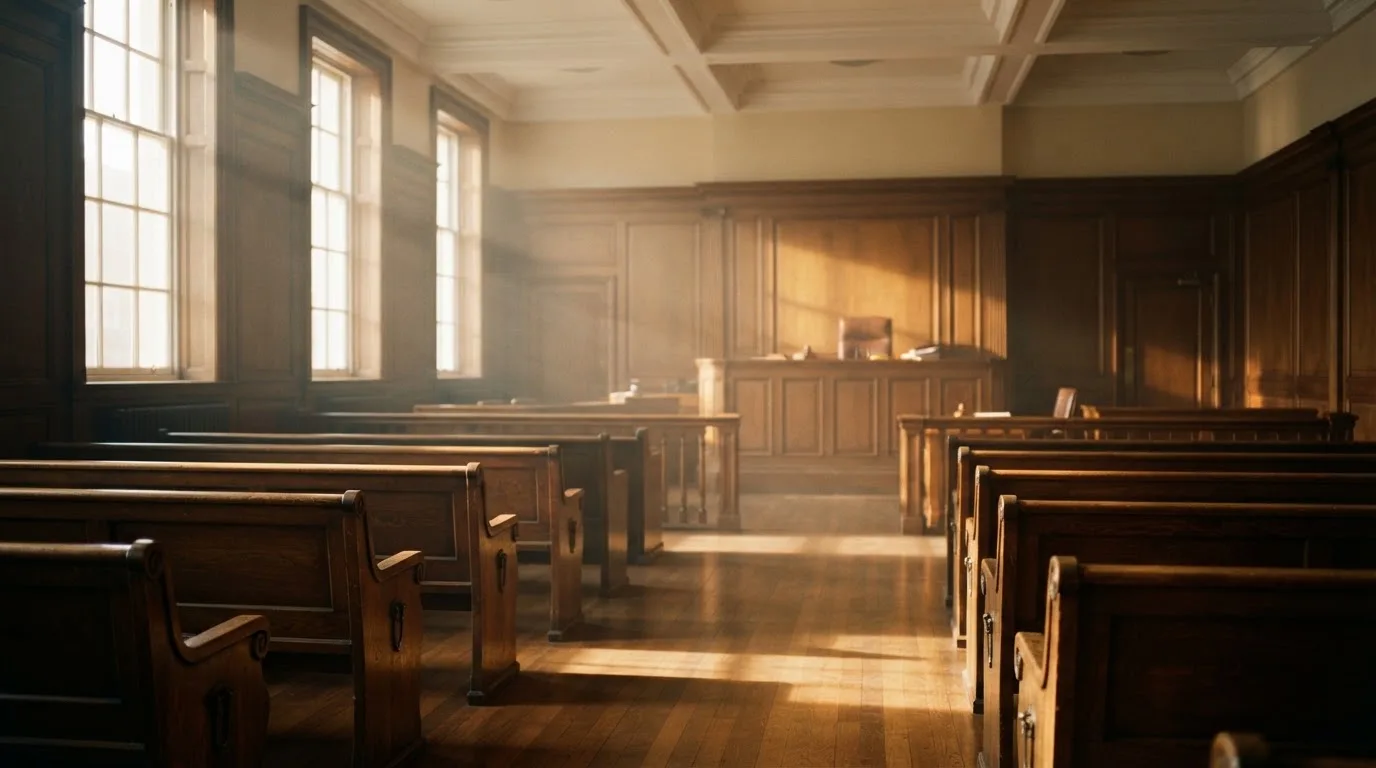 An empty courtroom with wooden benches in morning light