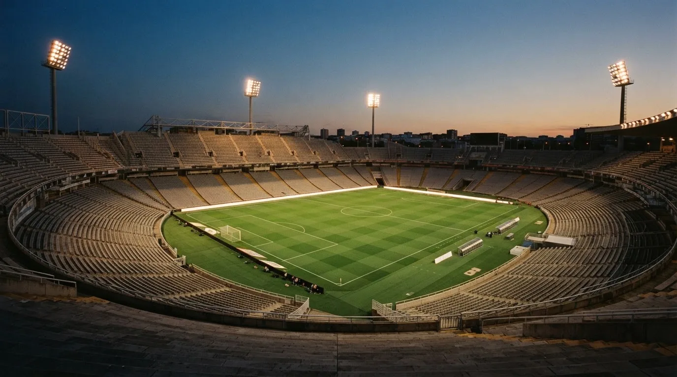 An empty football stadium with floodlight masts at dusk