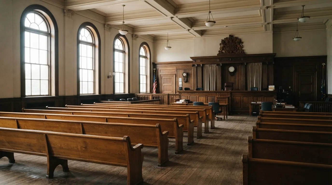 An empty courtroom with wooden benches in morning light