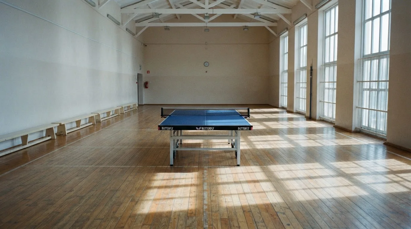An empty courtroom with wooden benches in morning light