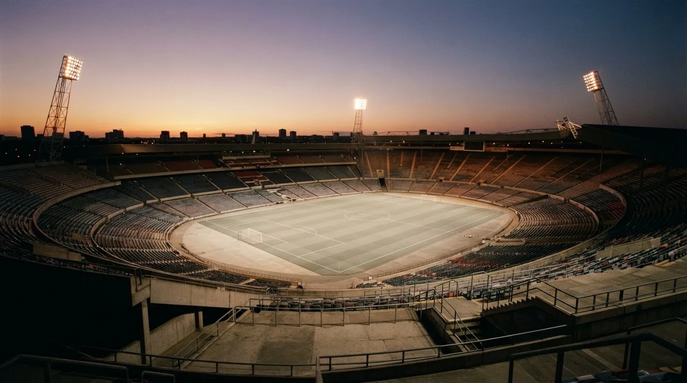 An empty football stadium with floodlight masts at dusk