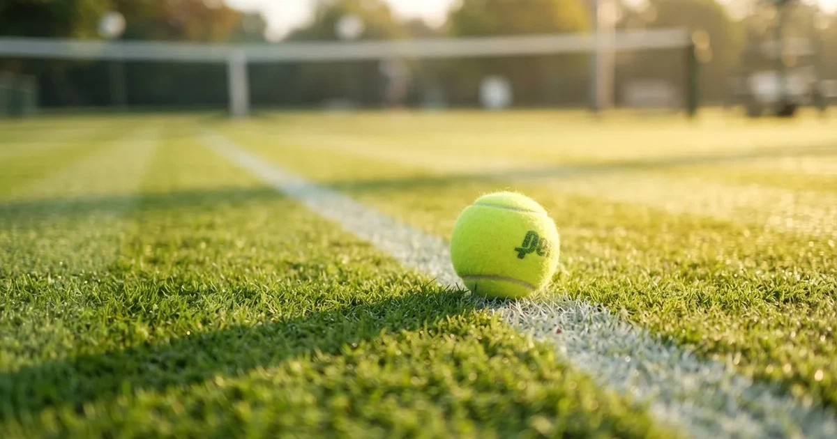A ball on the centre spot of a grass pitch in morning light