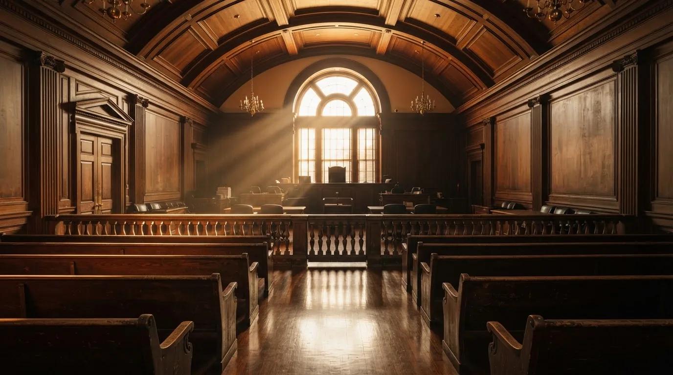 An empty courtroom with wooden benches in morning light