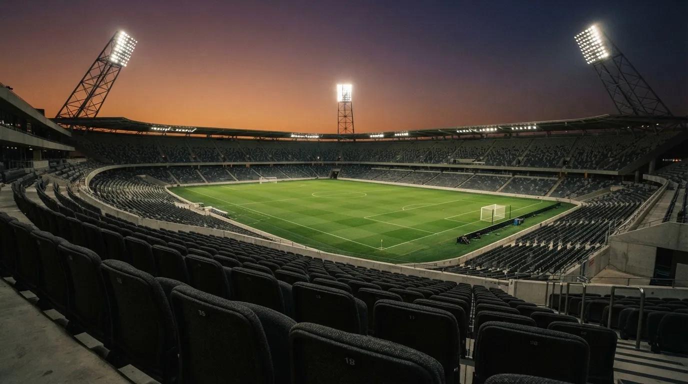 An empty football stadium with floodlight masts at dusk