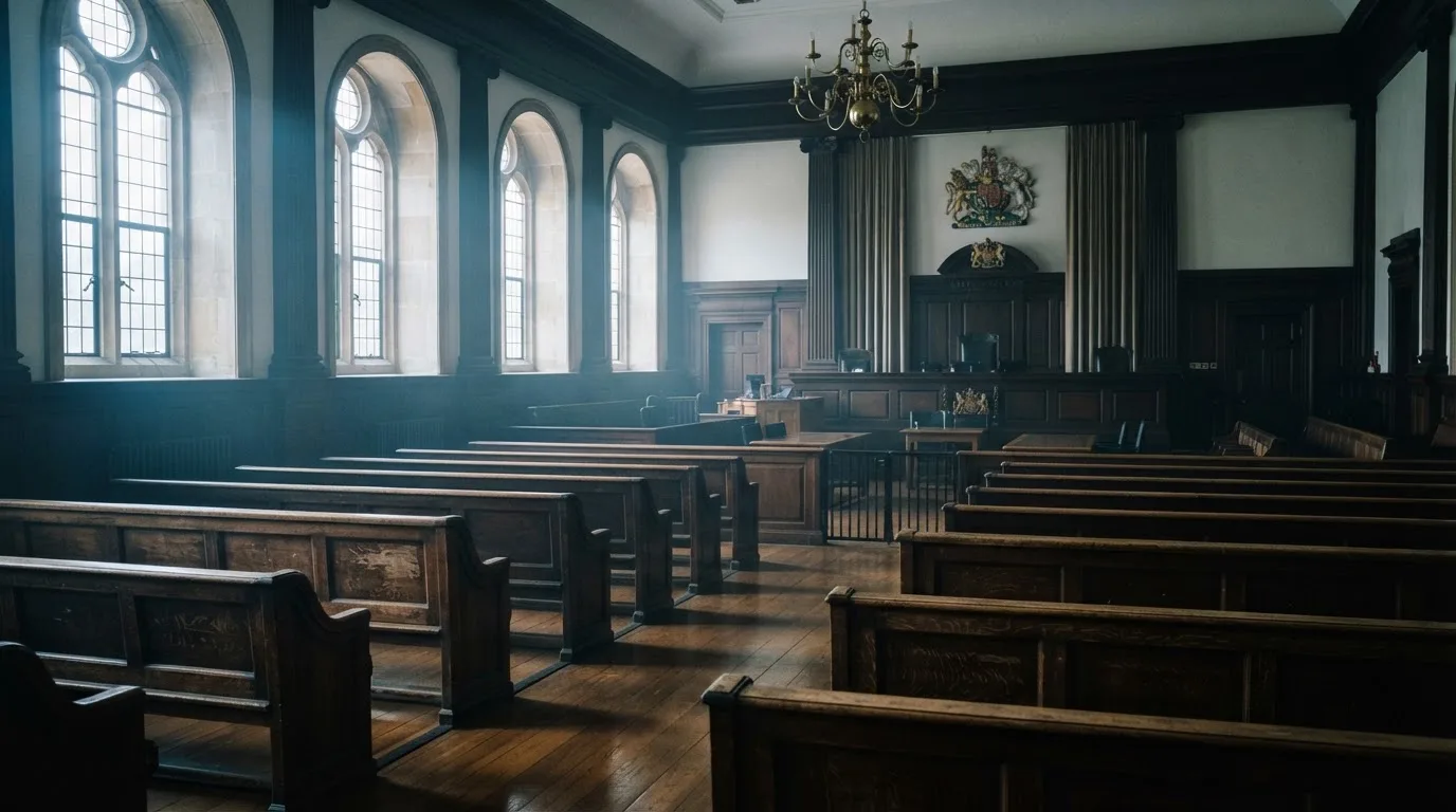 An empty courtroom with wooden benches in morning light