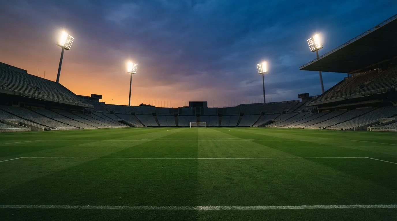 An empty football stadium with floodlight masts at dusk