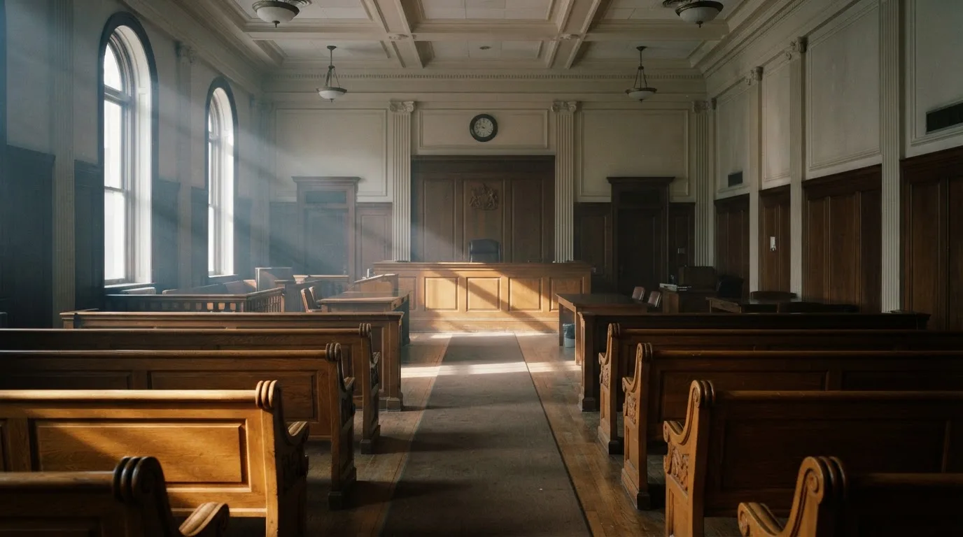 An empty courtroom with wooden benches in morning light