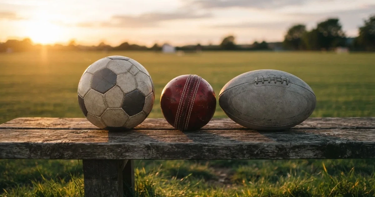 Three balls of different kinds side by side on a wooden bench