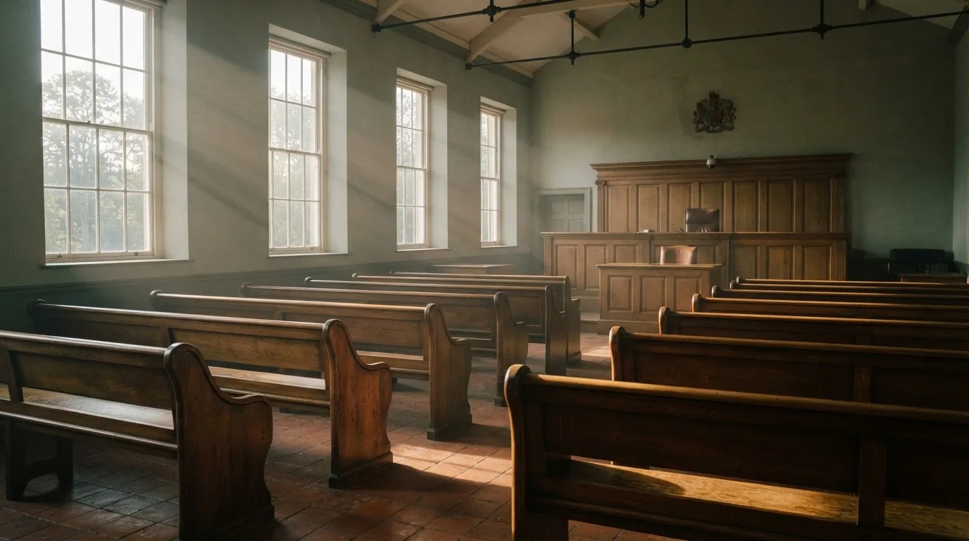 An empty courtroom with wooden benches in morning light