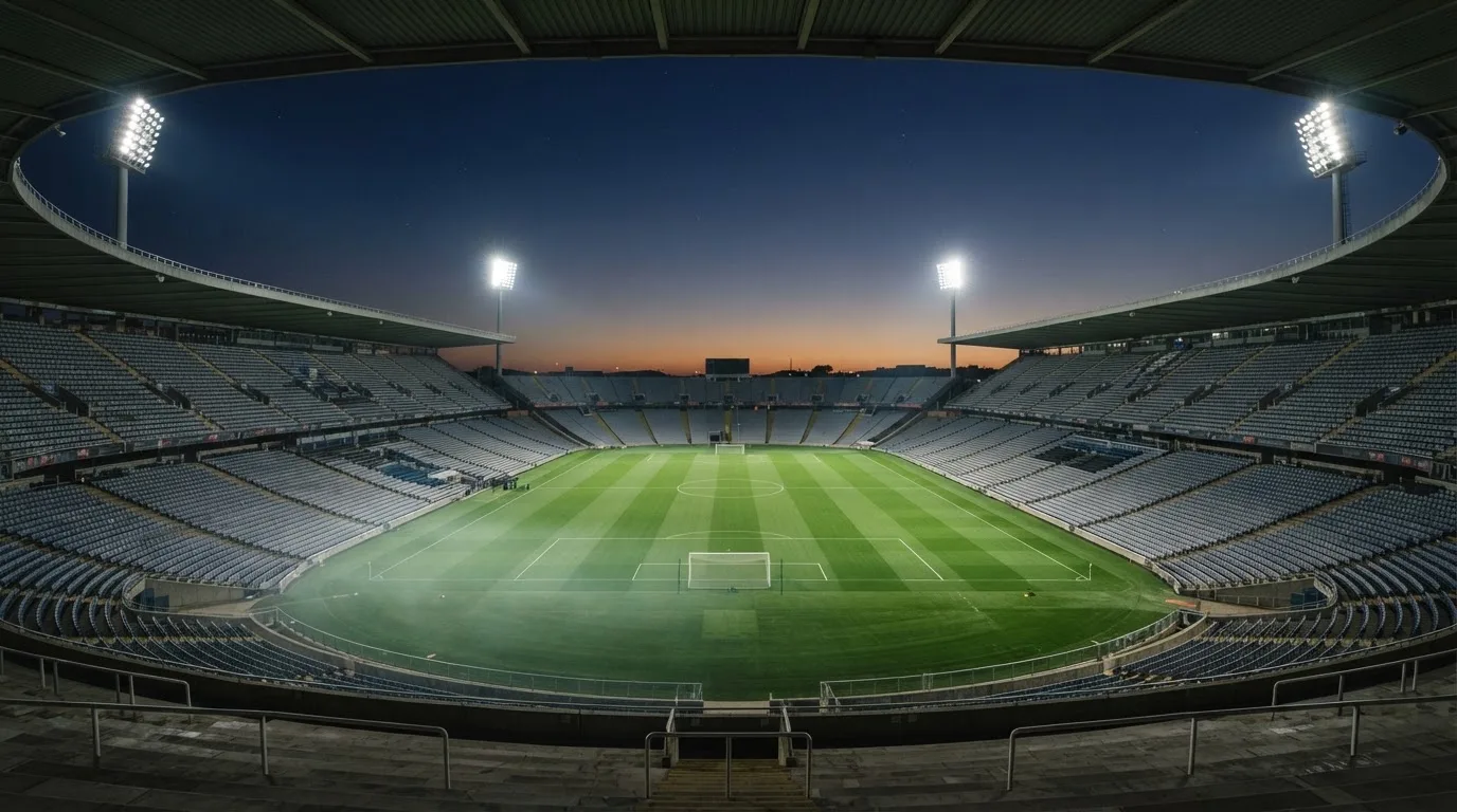 An empty football stadium with floodlight masts at dusk