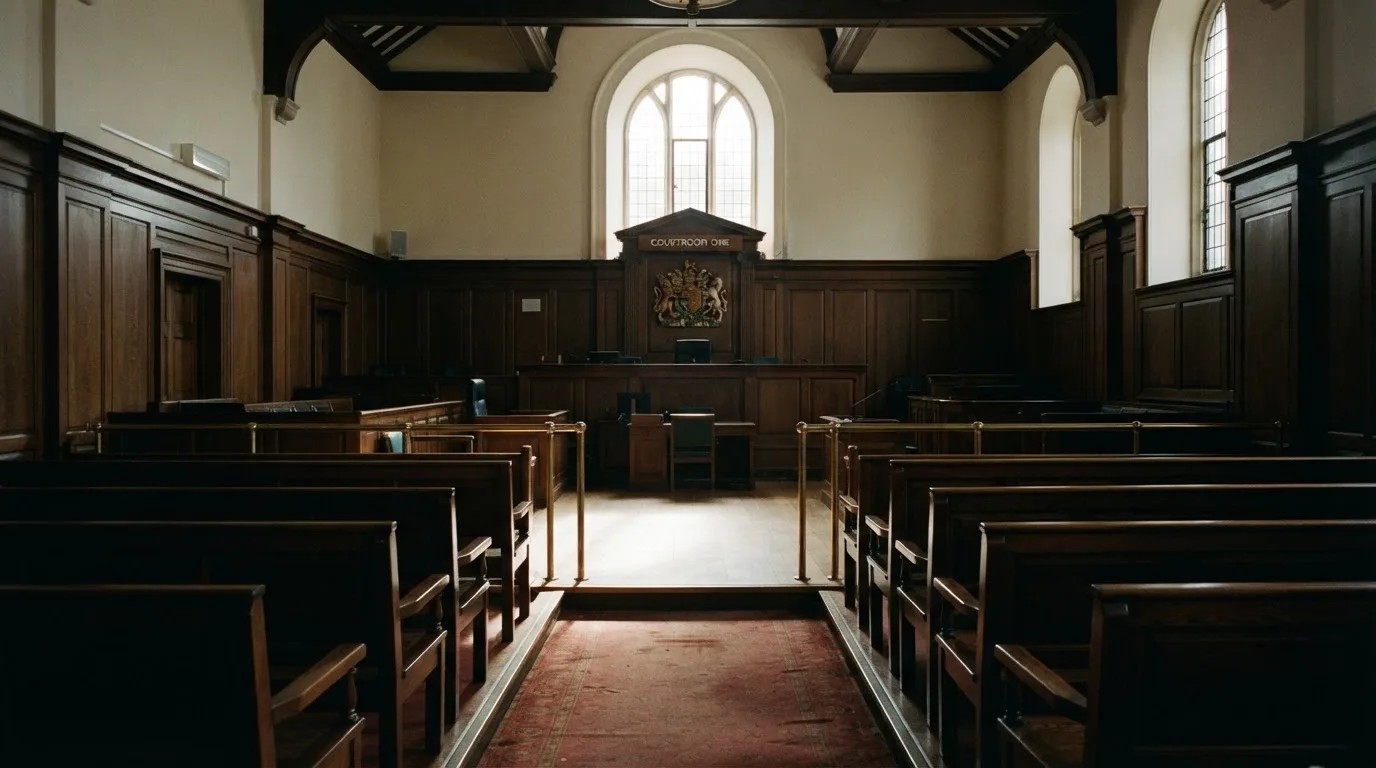 An empty courtroom with wooden benches in morning light