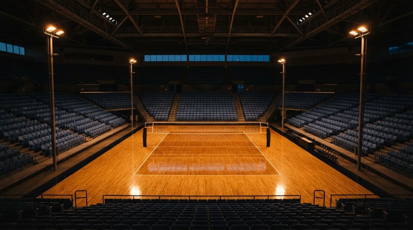 An empty football stadium with floodlight masts at dusk
