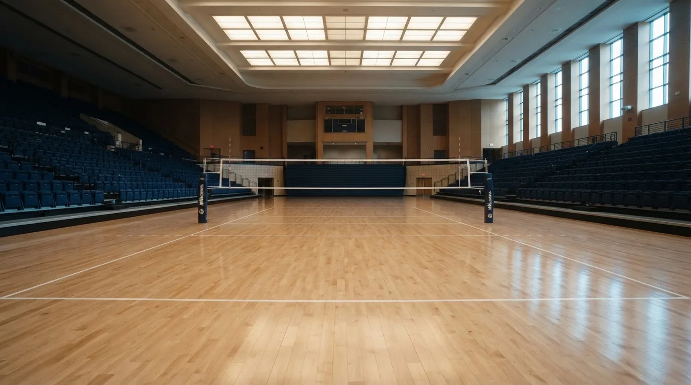An empty courtroom with wooden benches in morning light