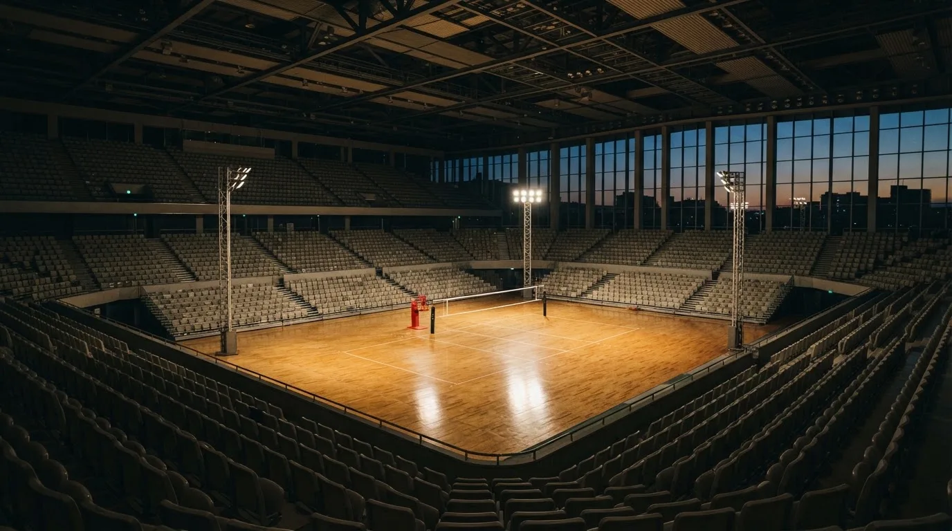 An empty football stadium with floodlight masts at dusk