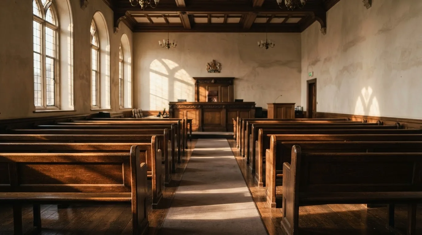 An empty courtroom with wooden benches in morning light