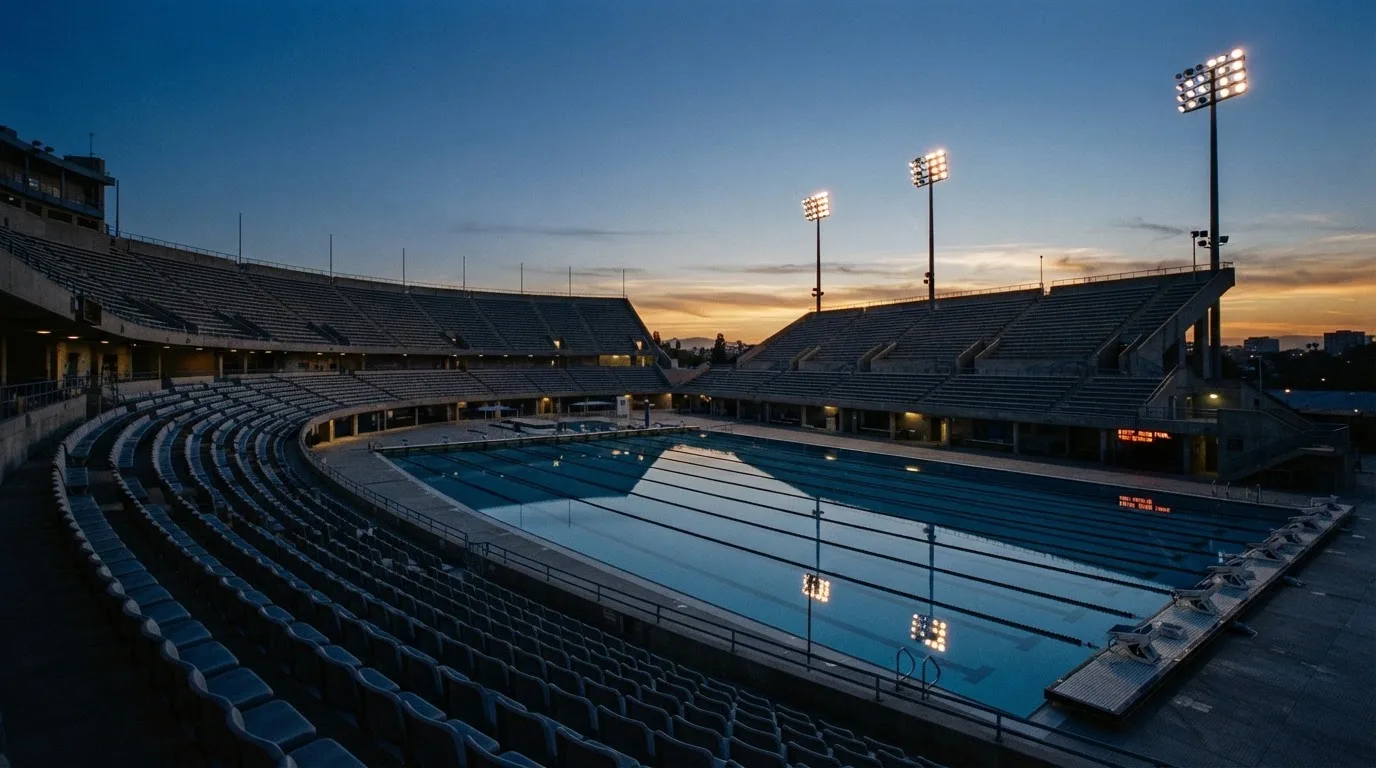 An empty football stadium with floodlight masts at dusk