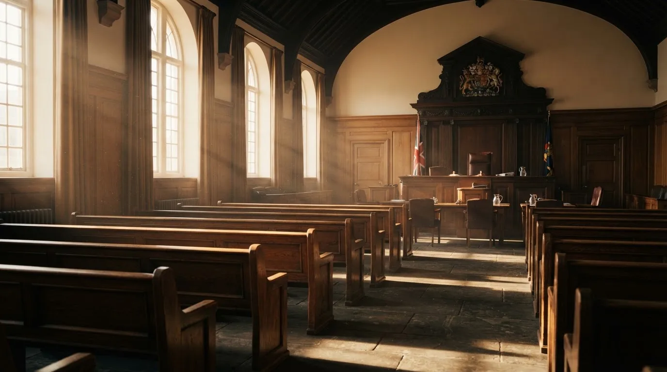 An empty courtroom with wooden benches in morning light