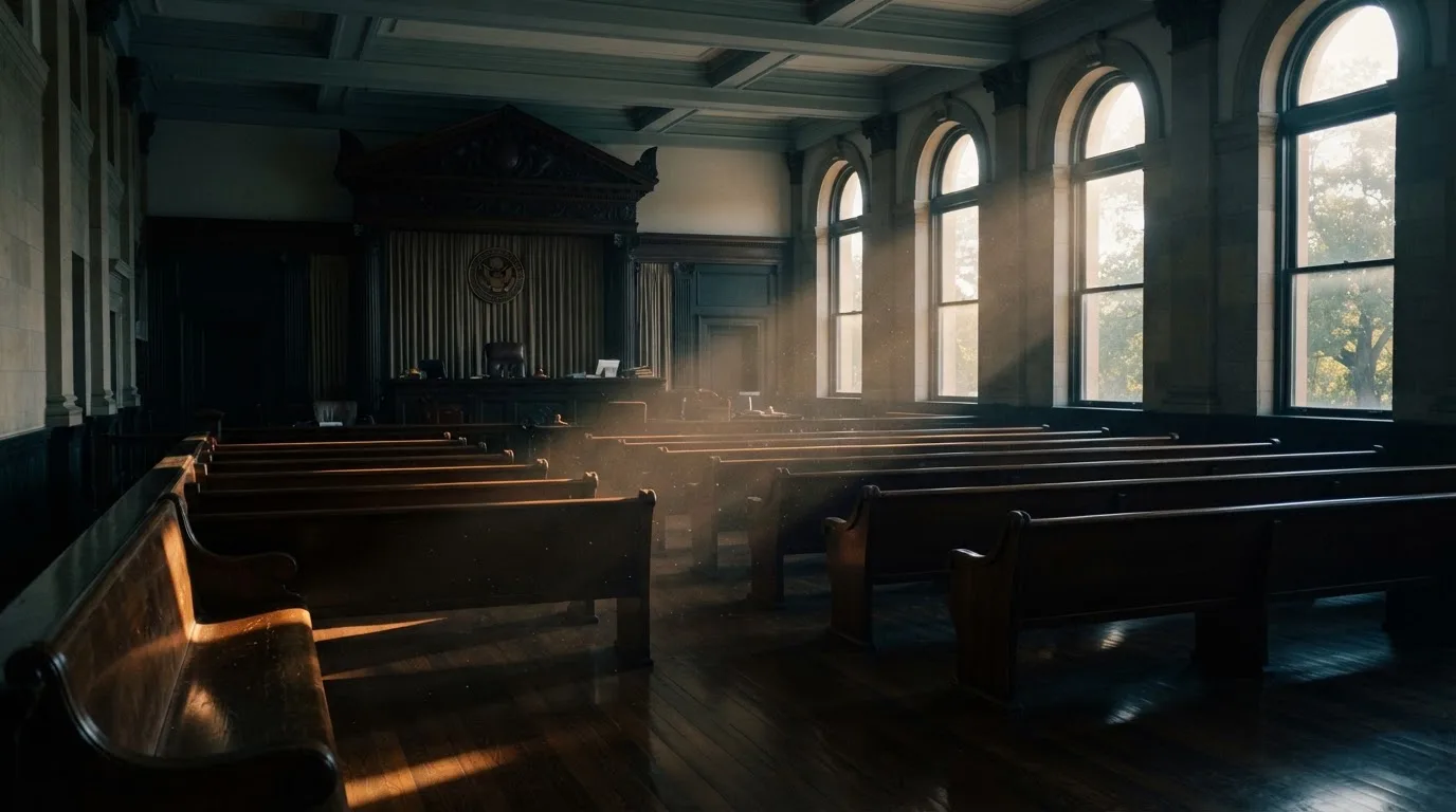 An empty courtroom with wooden benches in morning light