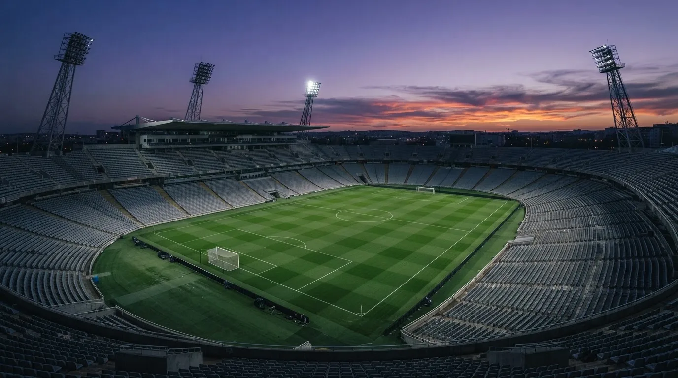 An empty football stadium with floodlight masts at dusk