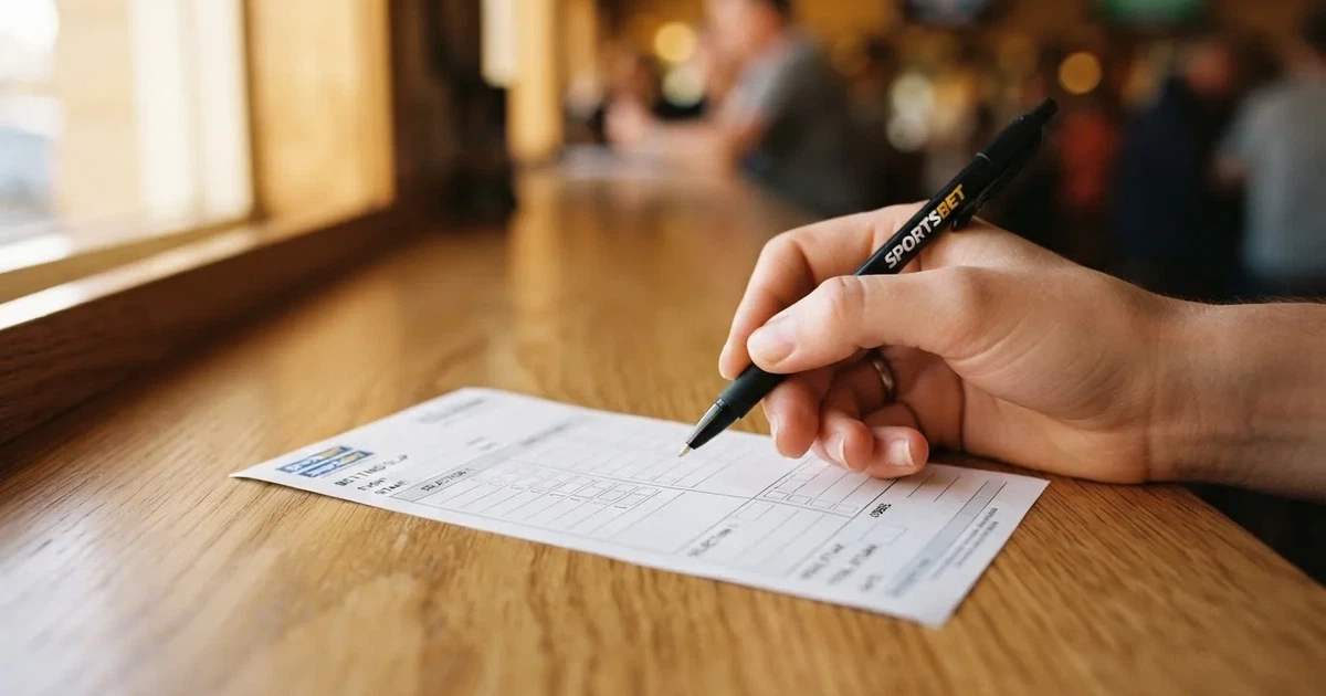 A blank paper betting slip beside a pen on a wooden counter