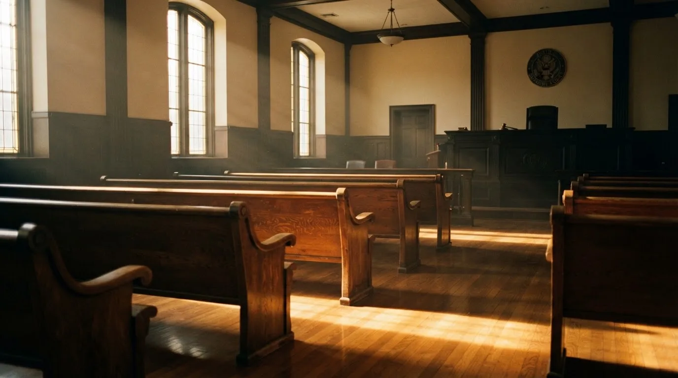 An empty courtroom with wooden benches in morning light