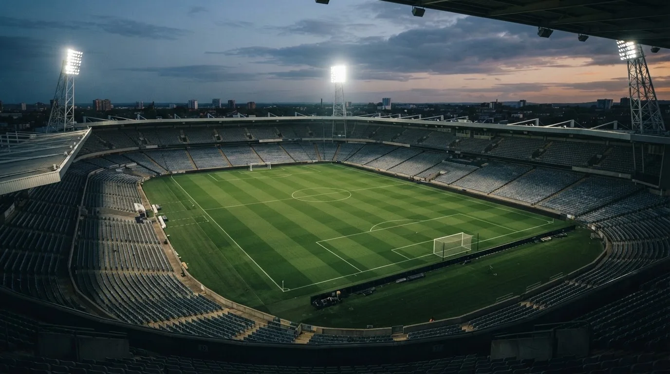 An empty football stadium with floodlight masts at dusk