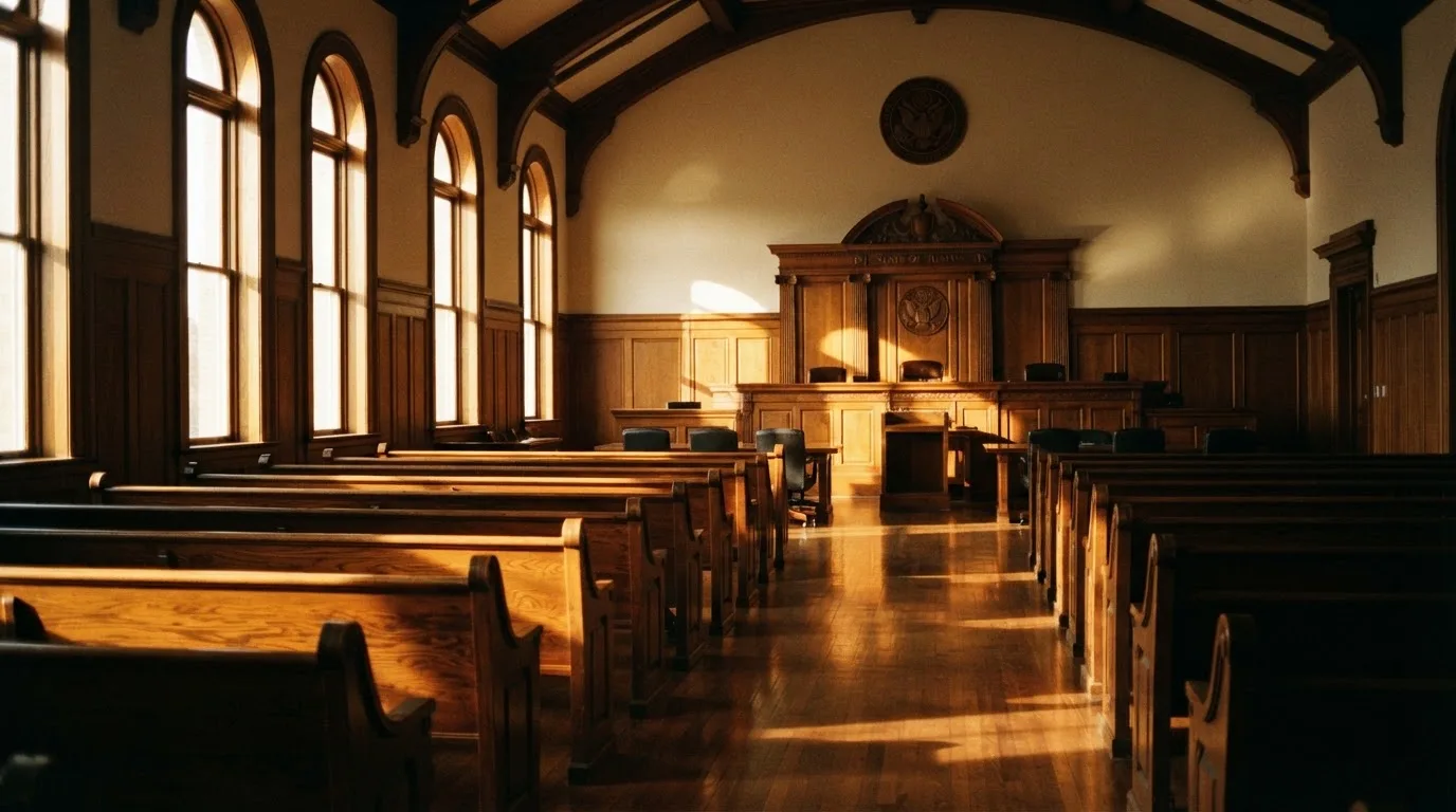 An empty courtroom with wooden benches in morning light