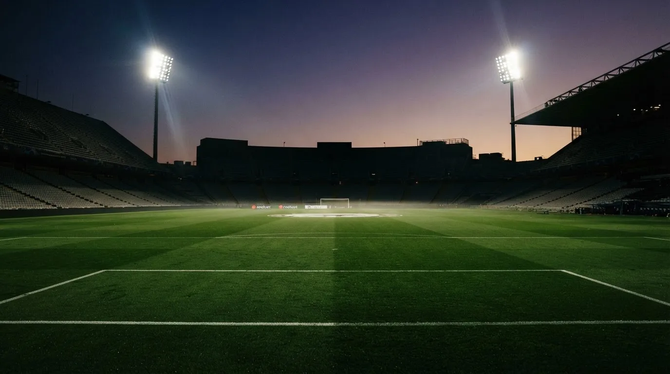 An empty football stadium with floodlight masts at dusk