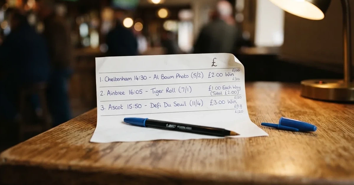 A blank paper betting slip beside a pen on a wooden counter
