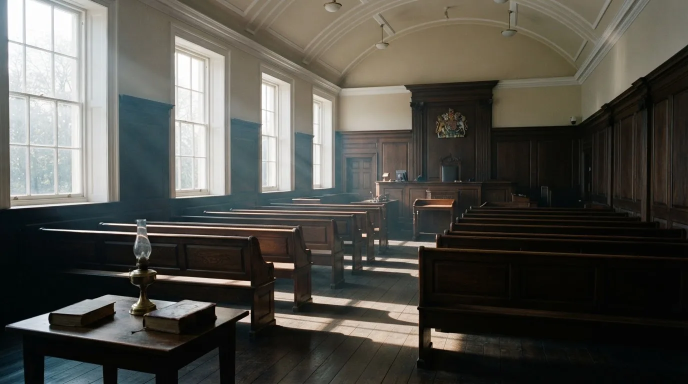 An empty courtroom with wooden benches in morning light